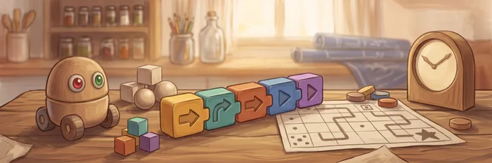 A wooden table with a small round wheeled robot, a row of interlocking coloured blocks showing arrows in sequence, and a paper grid mat with a winding route drawn across it.