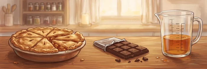 A kitchen counter with a pie cut into equal slices and some lifted away, a chocolate bar broken along its scored lines, and a glass measuring jug filled part way.