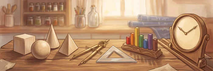 A drafting table with wooden geometric solids — a cube, sphere, cone and pyramid — beside a pair of compasses, a clear set square and a stand of coloured bars of different heights.