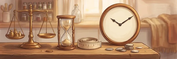 A wooden shelf with a brass balance scale and weights, an hourglass, a coiled tape measure and a round wall clock with a blank face.