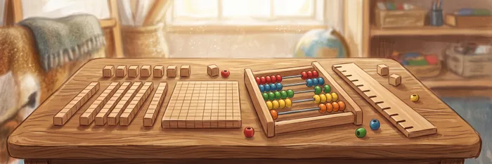 A wooden desk laid out with base-ten blocks — unit cubes, ten-rods and a hundred-flat — beside a coloured-bead abacus and a notched wooden strip.
