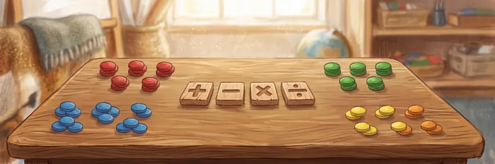 Four carved wooden tiles showing plus, minus, multiplication and division symbols, surrounded by piles of coloured counters sorted into equal groups.