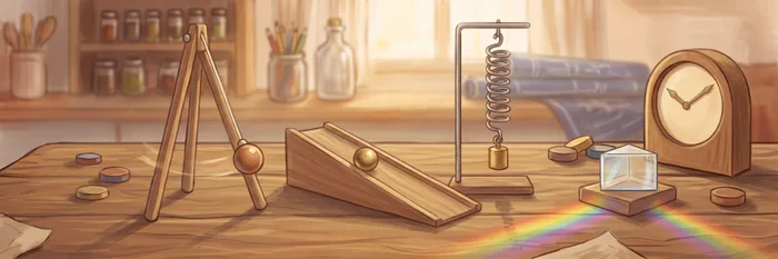 A pendulum hanging from a wooden stand, a ball resting part way down a ramp, a spring with a weight on the end, and a glass prism casting a rainbow across the table.