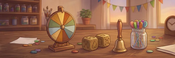 A colourful segmented spinner wheel on a stand, two wooden dice, a brass hand bell and a jar of lollipop sticks on a classroom table.