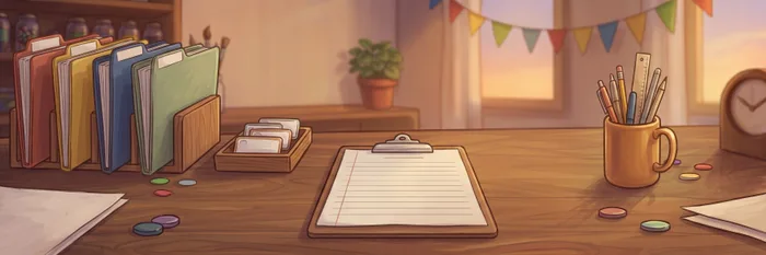 A teacher's desk with coloured file folders in a rack, a tray of blank cards, a clipboard holding a ruled sheet and a mug of pens.