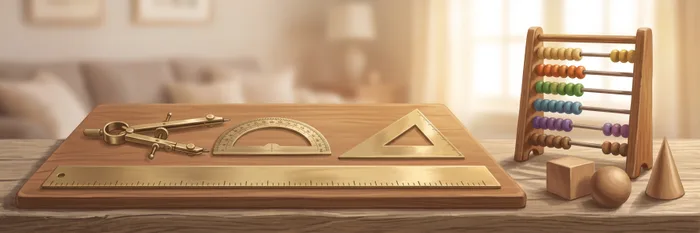 A drawing board of brass drafting instruments — compasses, dividers, a protractor and a set square — beside a long ruler, a coloured-bead abacus and wooden geometric solids.