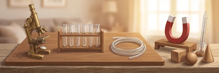 A preparation bench with a brass microscope, a rack of empty test tubes, coiled tubing, a horseshoe magnet and a plain glass thermometer.