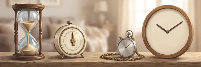 An hourglass with sand running, a round mechanical timer, a stopwatch on a chain and a wooden wall clock with a completely blank face.