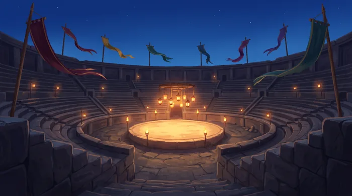 An open-air stone arena at dusk, banners on poles around the rim and lanterns lit above the central platform.