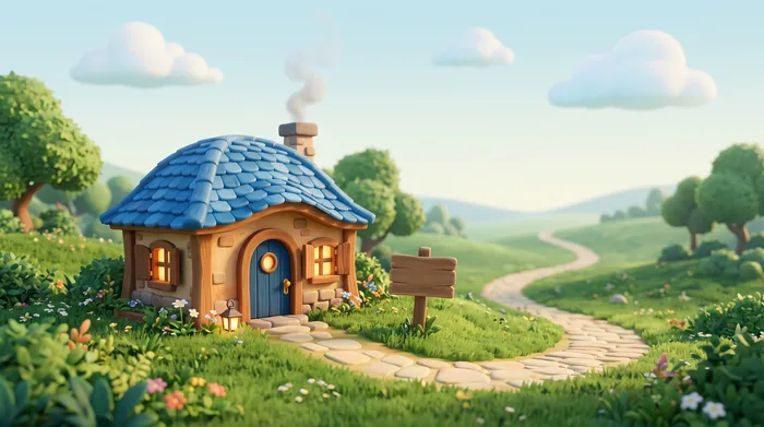 A small cottage with a rounded blue-tiled roof on a green hill, at the start of a pale stone path winding into the distance