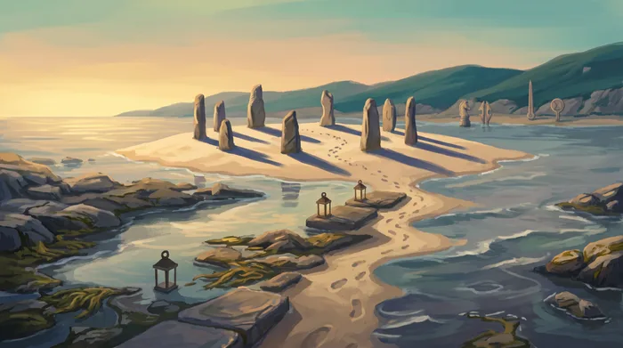 A small island of nine standing stones, each casting a long shadow across pale sand in the late afternoon