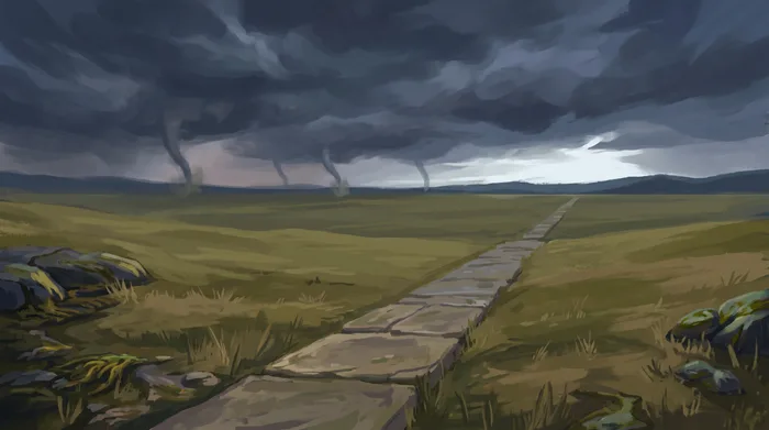 A wide grassland under a bruised sky, three distant whirlwinds crossing it, with a stone path holding its line through the middle