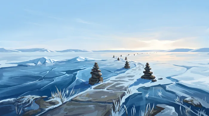 A high plateau of blue ice under a clear cold sky, with cairns marking a route across it into the distance