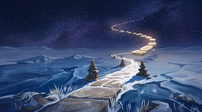 A path of pale stones continuing up into a night sky thick with stars, the ground falling away behind it