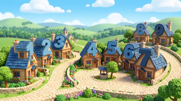 A village of nine cottages around a cobbled square, each roof shaped like a sculpted digit from 1 to 9