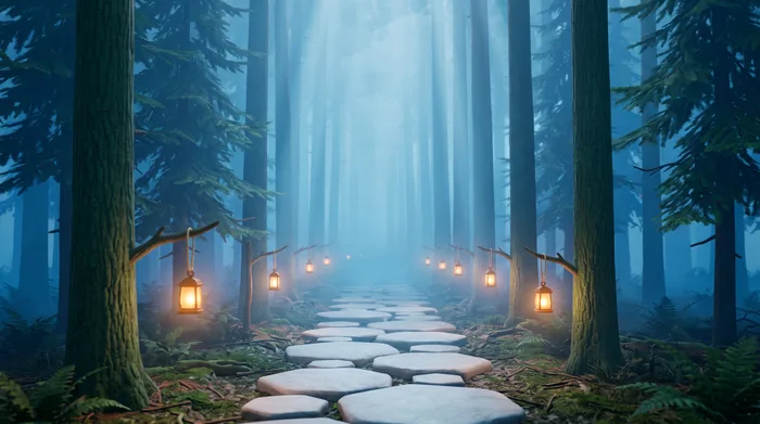 Hexagonal stepping stones leading into a misty pine forest, lit by small hanging lanterns