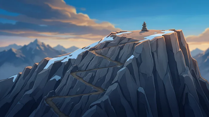 A winding path climbing a rocky mountain to a flat summit where a small stone cairn stands, at sunset