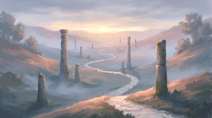 A wide valley under thin mist, ancient stone pillars rising through it here and there, in morning light