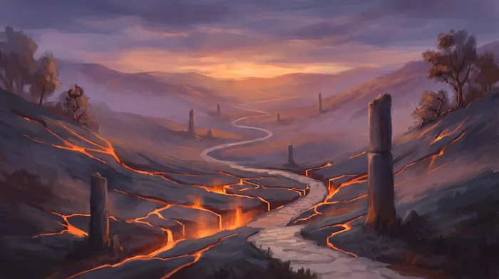 A dark volcanic plateau cut by glowing orange fissures, under a dusk sky