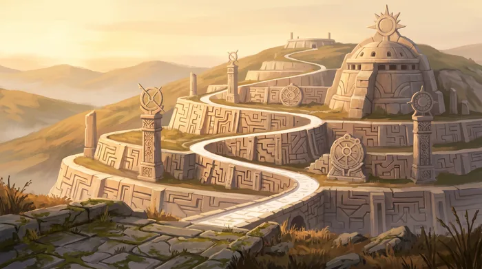 A quiet stone observatory of interlocking terraces, each terrace carved with a number, at first light