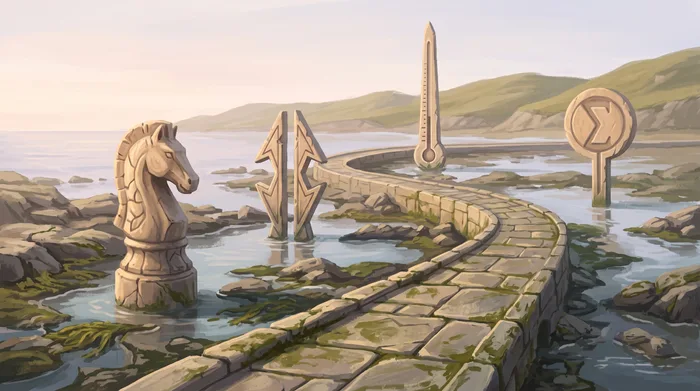 A rocky shore where four strange stone markers stand in the shallows — a knight, a pair of arrowheads, a long thermometer and a circle with a tail
