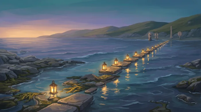 An open sea at dusk with a narrow causeway of lit stones running straight out from the shore towards the horizon
