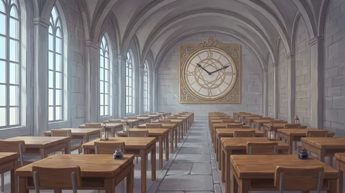 A quiet examination hall: rows of empty wooden desks, tall windows down one side, a large clock on the far wall.
