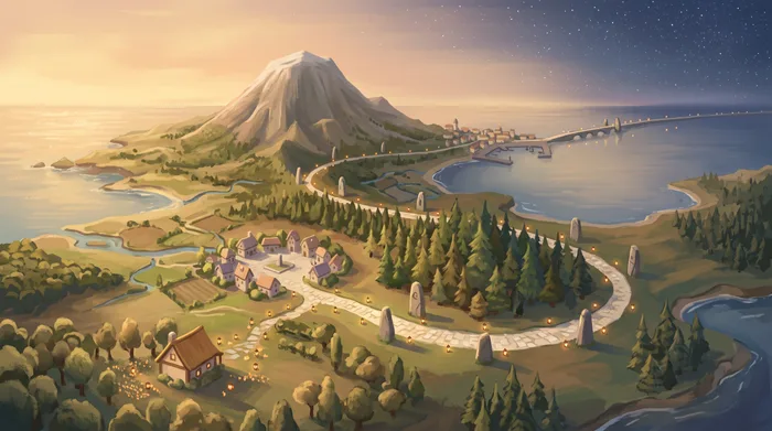 An island world seen from above: a stone road winds past a cottage, a village, a pine forest and a mountain, out toward the sea and the stars.