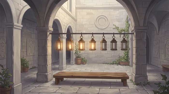 A quiet stone courtyard with seven lanterns hung in a row, the first few lit and the rest still dark.